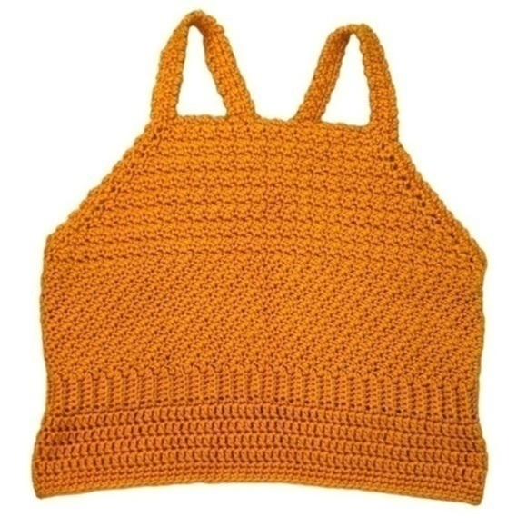 CROCHETED TOP | Women’s Hand Crocheted Mustard Yellow Medium Knit Tank Top - Picture 1 of 7